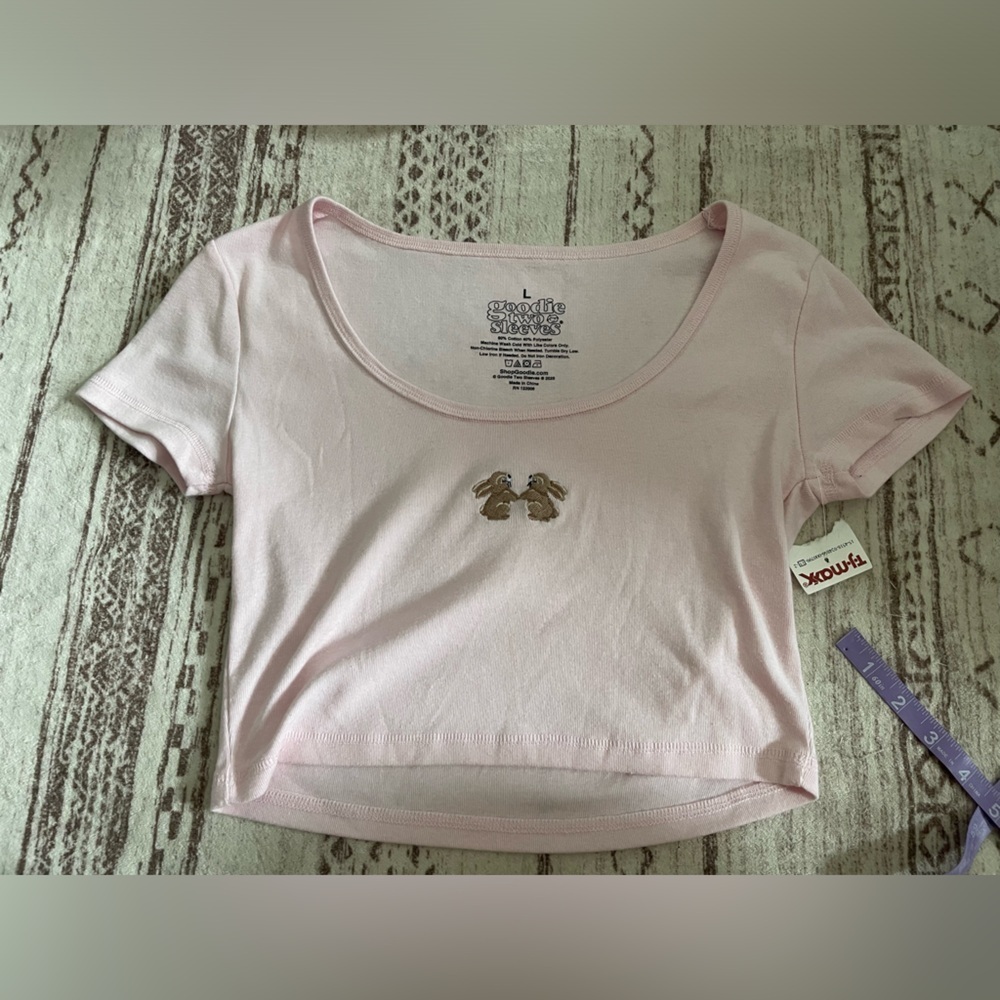 NWT goody two sleeves bunny graphic baby pink crop top size L y2k 90s coquette